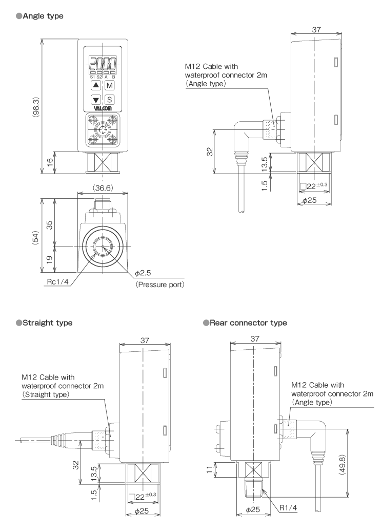 VT External dimensions for Thin-film sensor