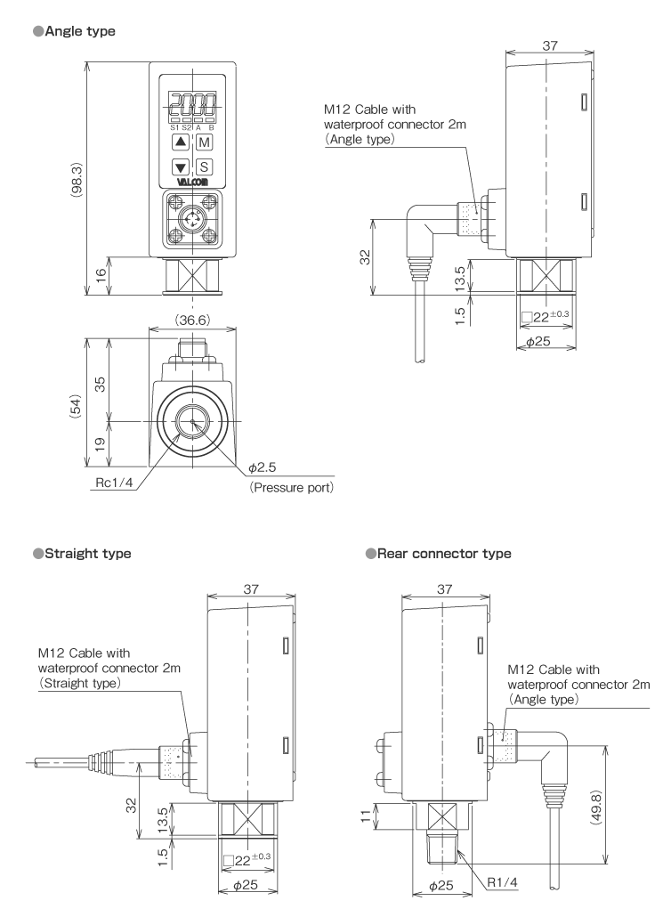 VT External dimensions for Thin-film sensor